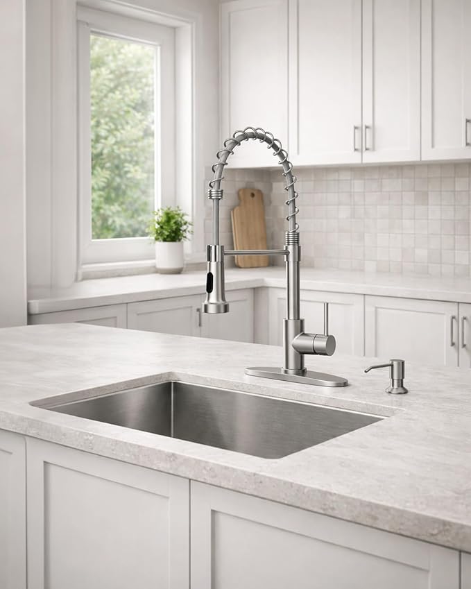 LUFEIDRA Kitchen Faucet with Pull Down Sprayer and Soap Dispenser, High Arc Spring 304 Stainless Steel Single Handle 1 or 3 Hole 2 Mode for Farmhouse RV Camper Laundry Bar Pot Filler (Brushed Nickel)