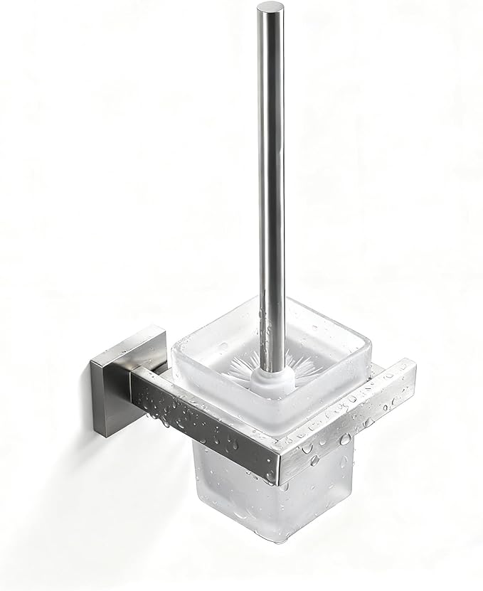 Toilet Brush and Holder Set, NEWRAIN 304 Stainless Steel Wall Mounted Toilet Brush with Long Brush Handle, Brushed Nickel Toilet Scrubber, Glass Canister