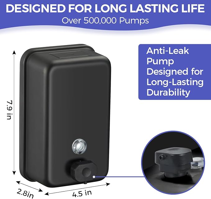 Stardrix Matte Black Stainless Steel Vertical 1100ml/37oz Capacity Commercial-Grade Soap Dispenser, Wall-Mounted Bathroom Hand Soap Dispenser with Corrosion-Proof Lining and Anti-Leak Pump