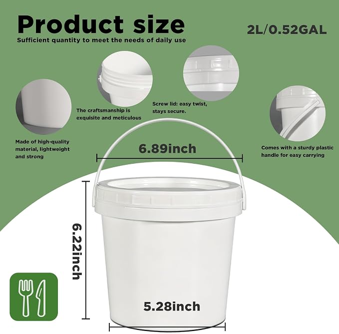 4 Pack 64oz Plastic Buckets with Screw Lids & Handle, Food Grade Storage Containers for Kitchen, Freezer - Reusable White Plastic Bucket Set