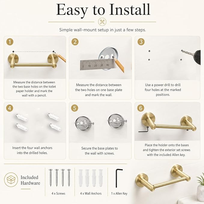 Gold Toilet Paper Holder Towel Ring, Brushed Gold Bathroom Accessories Hand Towel Holder Wall Mount Bath Hardware Set Tissue Roll Holder with Double Post SUS304 Stainless Steel 2pc