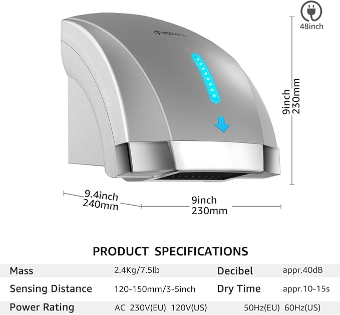 modunful Hand Dryers for Bathrooms Commercial, Electric Hand Dryer Touchless, Extra Quiet Low Noise(40db), Wall Mounted Type(1600W) (Silver)