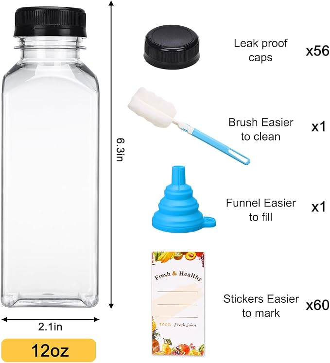 Moretoes 56pcs 12oz Juice Bottles with Caps, Plastic Bottles with Brush Funnel and Labels for Juice and Other Beverages