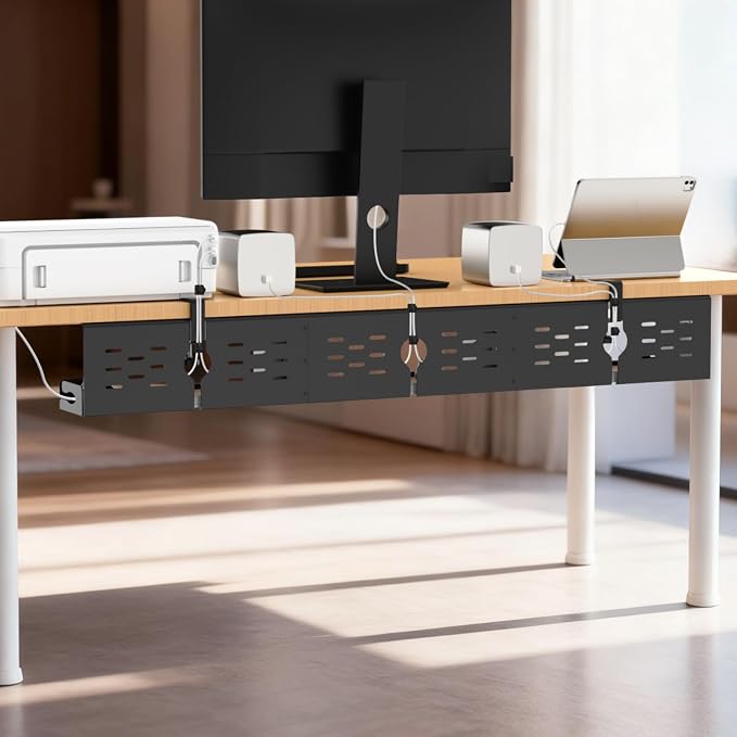 Univivi Under Desk Cable Management Tray - 48" Steel Cord Organizer, No-Drill C-Clamp & Screw Mount for Office/Home, Effortless Wire Management (Black)