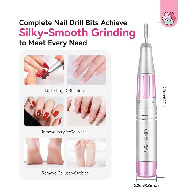 SAVILAND Electric Nail Drill: 40000RPM High-Torque Nail File Quick Removal for Acrylic Nails Easy Operation Portable Nail Drill for Beginner Home DIY Nail Art Manicure Pedicure
