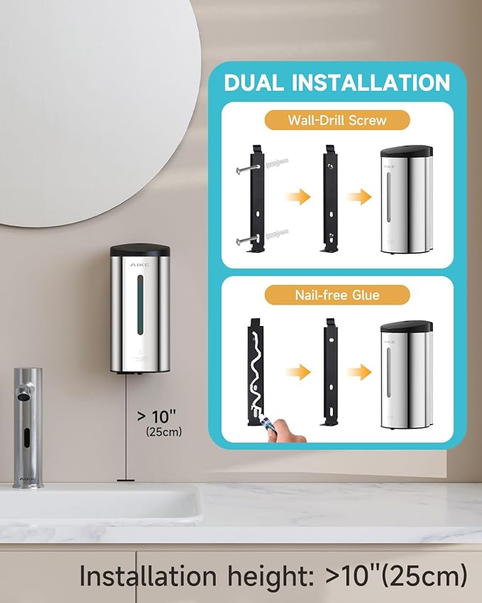 AIKE Automatic Liquid Soap Dispenser,25oz Capacity for Bathroom,Polished | No-Drill and Screw Wall Mount Install Design for Space-Saving,4*AA batteries(Not Included) Ensure Long Standby,Model AK1205E