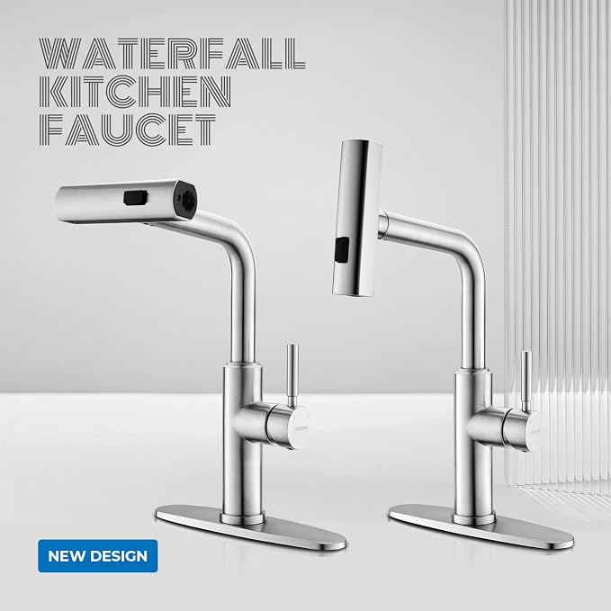 WEWE Waterfall Kitchen Faucet with Pull Down Sprayer, 3 Modes(Sweep/Stream/Waterfall) Rotary Switch Mode Stainless Steel Kitchen Sink Faucet Single Lever Handle Brushed Nickel Sink Fuacet