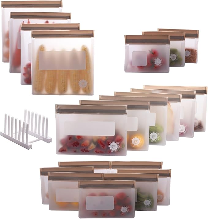Reusable Food Storage Bags – 21-Pack Stand-Up, BPA-Free, Freezer, Dishwasher Safe & Eco-Friendly – 4 Gal, 6 L, 7 M, 3 S + Rack – Airtight Leakproof Sandwich, Snack, and Meal Prep Bags (Grey)