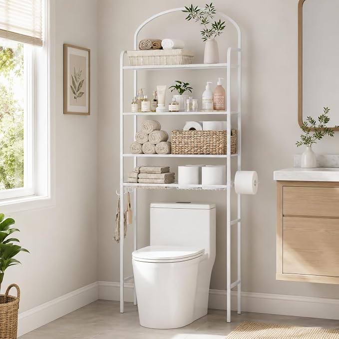 4-Tier Over The Toilet Storage, Bathroom Organizer, Space-Saving, 72" H Above Toilet Storage Rack with 4 Hooks and Paper Holder, Metal Shelf, White
