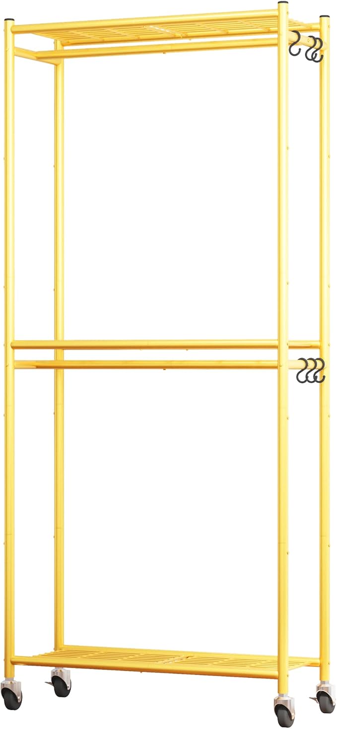 Sakugi Clothes Rack - 33.0" x 12.2" x 79.5" Clothing Rack with Shelves & Wheels, Multi-Functional Wardrobe Closet with Hooks, Sturdy Metal Garment Rack for Bedroom, Laundry, Balcony (Gold)