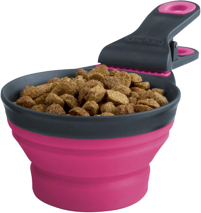 Dexas Popware for Pets Collapsible Klip Scoop, 3-in-1 Pet Food Scoop, Measuring Cup and Bag Clip, 1/2 Cup Capacity, Pink