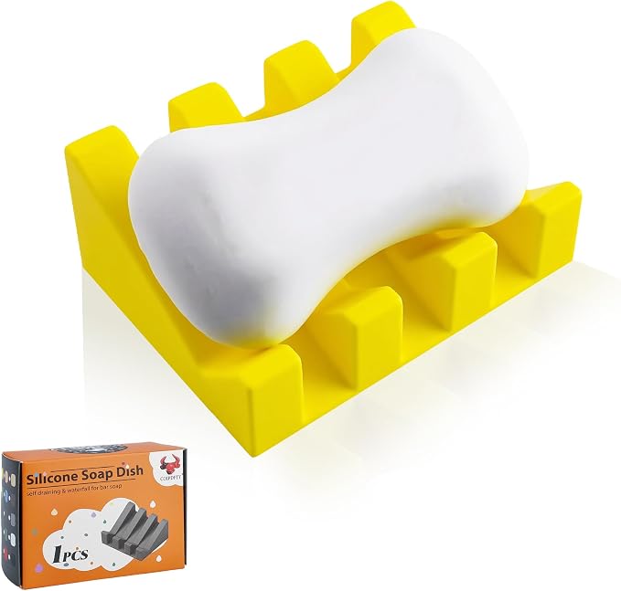 Self Draining Soap Dish Holder,Silicone Soap Dish,for Bathroom,Kitchen, Sponges，Can Extend Soap Life，Keep Soap Bars Dry and Easy Cleaning (Yellow,1-Pack)
