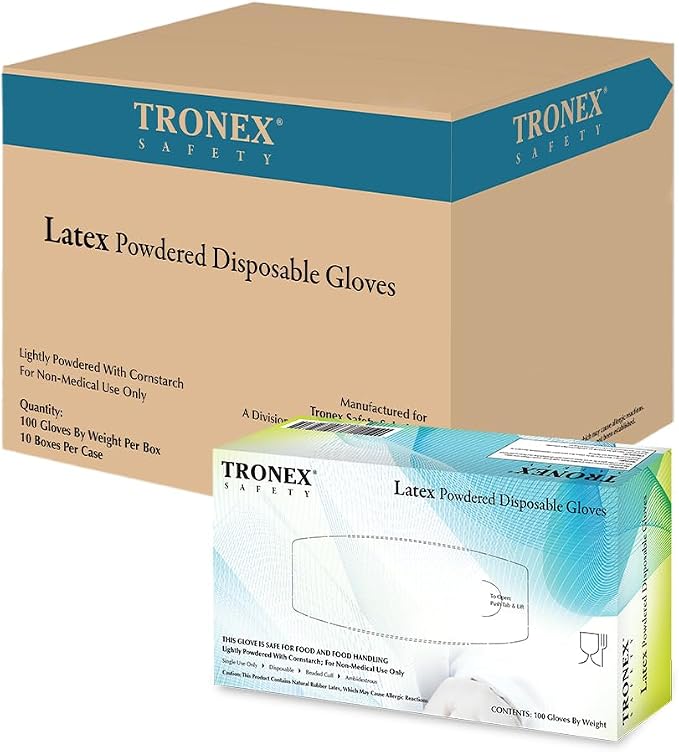 TRONEX 1510 Rubber Latex Disposable Gloves, Non Medical, General Purpose, Food Handling, Food Preparation, Light Industrial, Smooth Finish, Corn Starch Powdered, Natural Color, Medium, Case of 1000