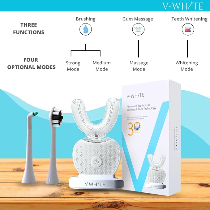 V-WHITE Adults Auto Brush Ultrasonic U-Shaped Toothbrush – 360° Teeth Cleaning, Hands-Free Electric Autobrush – Gum Protection, Waterproof IPX7, Wireless Charging
