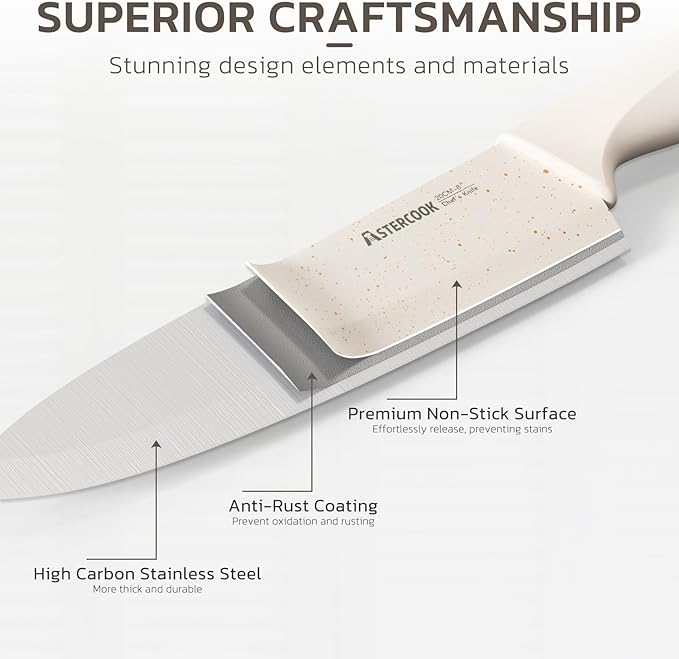 Astercook Knife Set, 15 Pieces Kitchen Knife Set with Sharpener Block, German Stainless Steel Knives with Anti-Rust Coating, Dishwasher Safe, Elegant Cream White Design, Perfect for Holiday Gifts
