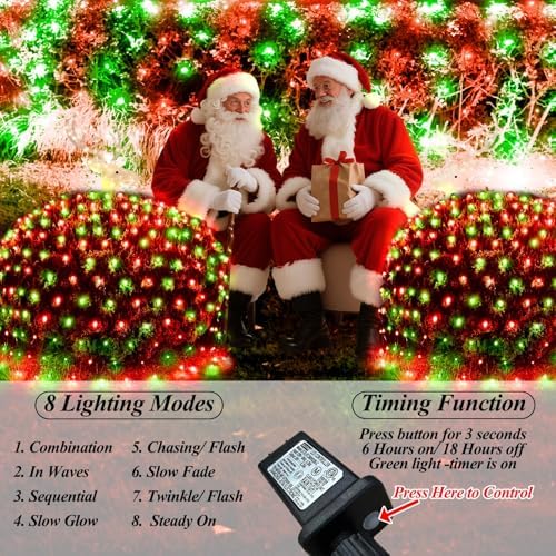 Lovelite 360LED Christmas Net Lights, 21ft x 5ft Mesh Lights Outdoor Green Wire 8 Modes Timer, Waterproof Connectable String Lights for Bushes Xmas Tree Garden Holiday Party Decor - Red Green