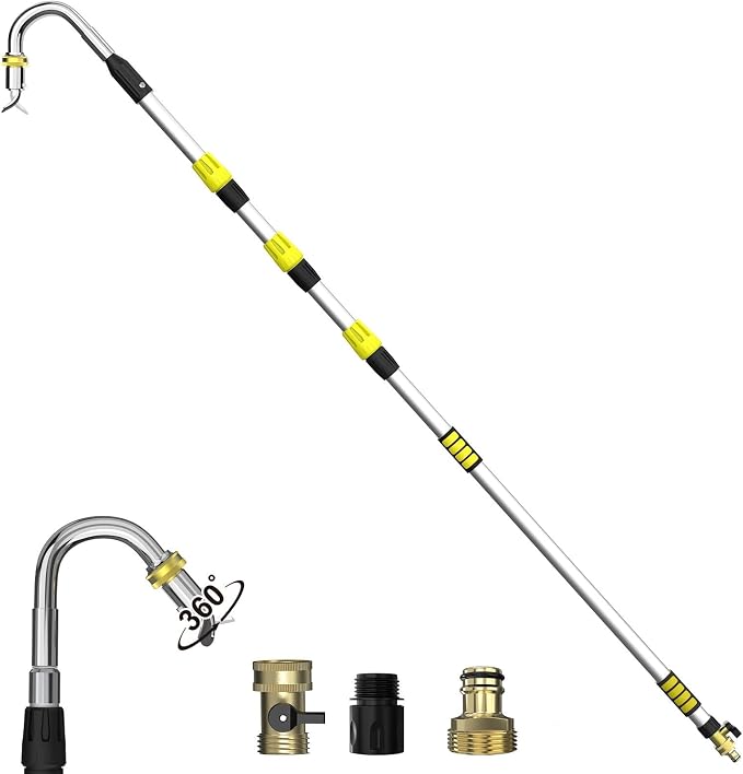 Buyplus 16FT(24FT Reach) Telescopic Gutter Cleaning Tools from The Ground, Rain Gutter Cleaners Tool with 360°Rotatable Metal Nozzle, Extension Pole, Hose Attachment, Watering Wand for Garden Hose