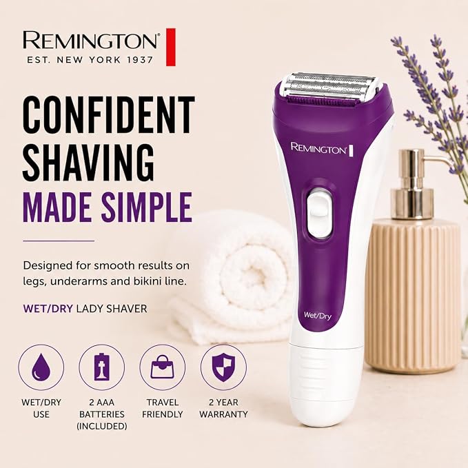 Remington Smooth & Silky Electric Shaver for Women, 3-Blade Wet & Dry Razor | Battery Operated for Cordless Use, Includes Bikini Trimmer Attachment, 100% Waterproof Design, Flexible Hypoallergenic Foils