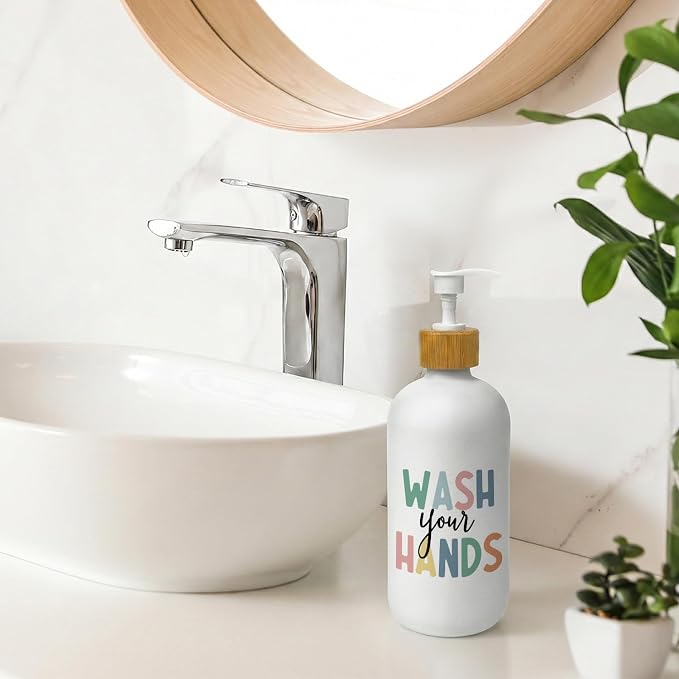 Kids Bathroom Soap Dispenser, Wash Your Hands Bathroom Countertop Hand Soap Dispenser with Pump, Colorful Boho Toddler Decor Handsoap Refillable Glass Pump Bottle Container