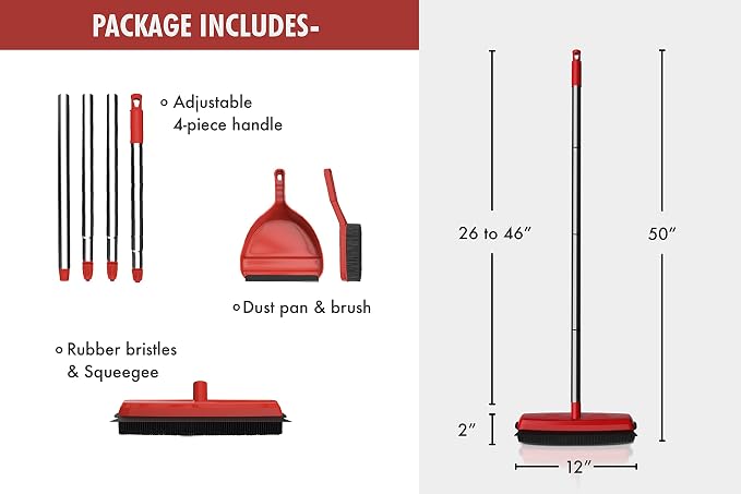 Rubber Bristle Expandable Broom Set with Dustpan & Handheld Rubber Brush for Surface Cleaning, Dust Pet Hair Removal Sofa Sweeping, Built-in Rubber Squeegee Snap, Set of 3, Red