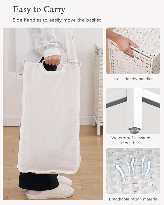 SETVSON Laundry Hamper with Lid, Large 132L Rattan Basket, White | 3-Section Large 35 Gal Clothes Hamper, 3 Removable Bags, Heightened Metal Feet, 6 Mesh Laundry Bags, Steel Frame