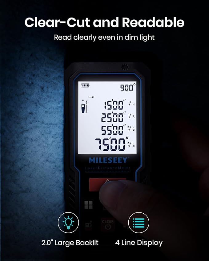 Laser Measure Device, MiLESEEY 393ft Digital Laser Tape Measure with Upgrade Electronic Angle Sensor, 2mm Accuracy, Area Measurement,Volume and Pythagoras, 2" LCD Backlit,Mute, Battery Included
