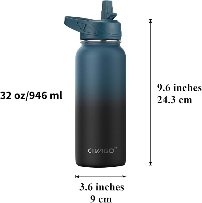 CIVAGO 32 oz Insulated Water Bottle With Straw, Stainless Steel Sports Water Cup Flask with 3 Lids (Straw, Spout and Handle Lid), Wide Mouth Travel Thermal Mug, Classic Omber Gray