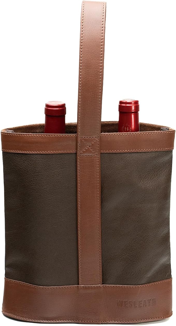 Double Wine Carrier Bag – Leather Wine Tote for Two Bottles with Handle – Protective Carrier for Picnic, Wine Champagne Gift Bag (Chocolate)