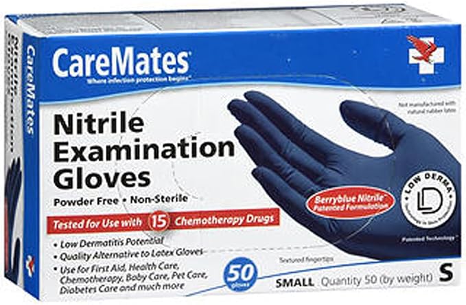 CareMates Nitrile Medical Exam Gloves, Latex Free Rubber, Powder Free, Extra Strong, 4 Mil Thick, Certified for Home Infusion, First Aid, Food Safe, Cleaning Gloves, Small, 50-Count
