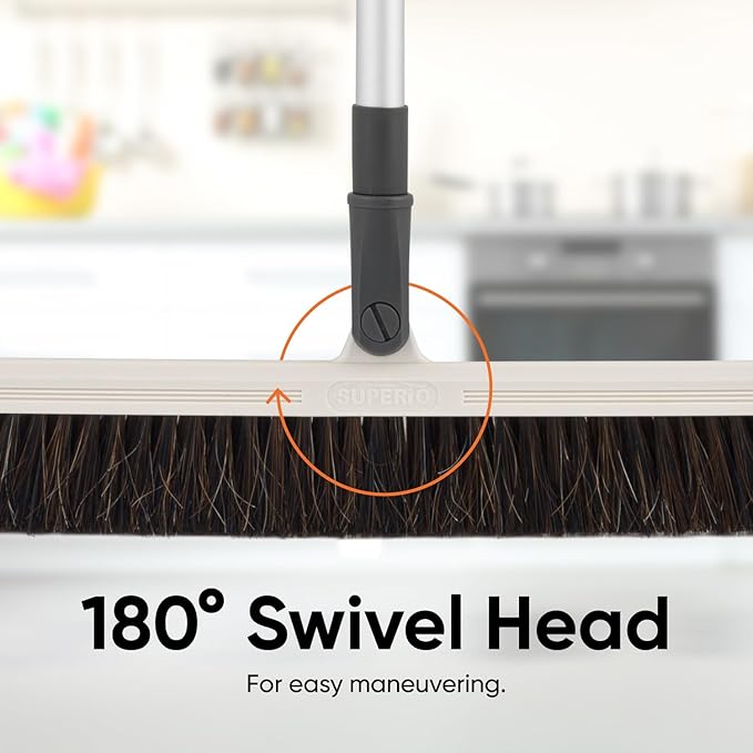 Horse Hair Upright Dust Broom – 18" Swivel Kitchen Sweeper with Soft Bristles for Dog Hair, Hardwood & Tile Floors – Telescopic Handle, Narrow Thin Design