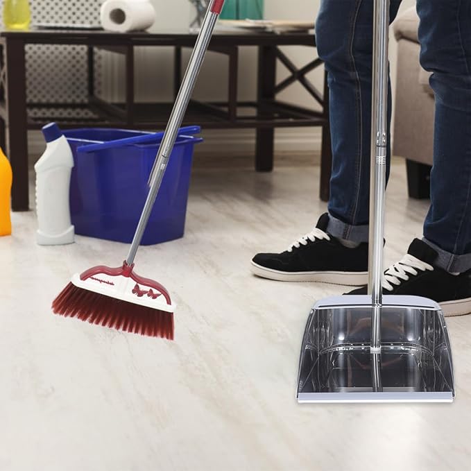 Mikinona Broom and Dustpan Set with Long Handle, Light Weight Stainless Steel Poles Stand Upright Dustpans with Broom Combo for Home Kitchen Office Pet Dog Hair