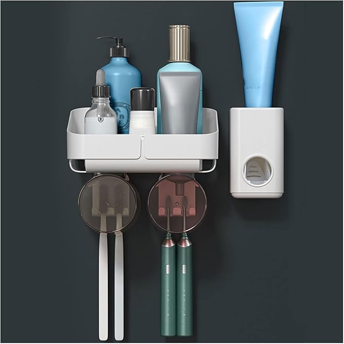 Toothbrush Rack Multifunctional Bathroom Toothbrush Holder Wall Mounted Organizer, Toothbrush Holder with Toothpaste Dispenser and Cups Bathroom Toothbrush Holder(D)