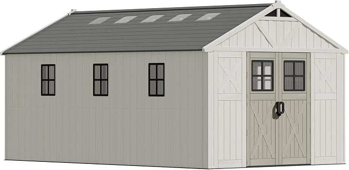 Devoko 10x16 FT Resin Storage Sheds with Floor, Large Plastic Outdoor Garden Shed with Windows & Lockable Doors, Outside Utility Storage Tool Shed for Patio Backyard Lawn, Beige