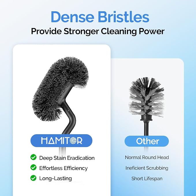 HAMITOR Toilet Brush and Holder Set: Stainless Steel Heavy Duty Bowl Cleaner Brush - Deep Cleaning Under Rim Curved Bristle - Space Saving Wall-Mounted for Home RV Bathroom Accessories Black 2 Pack