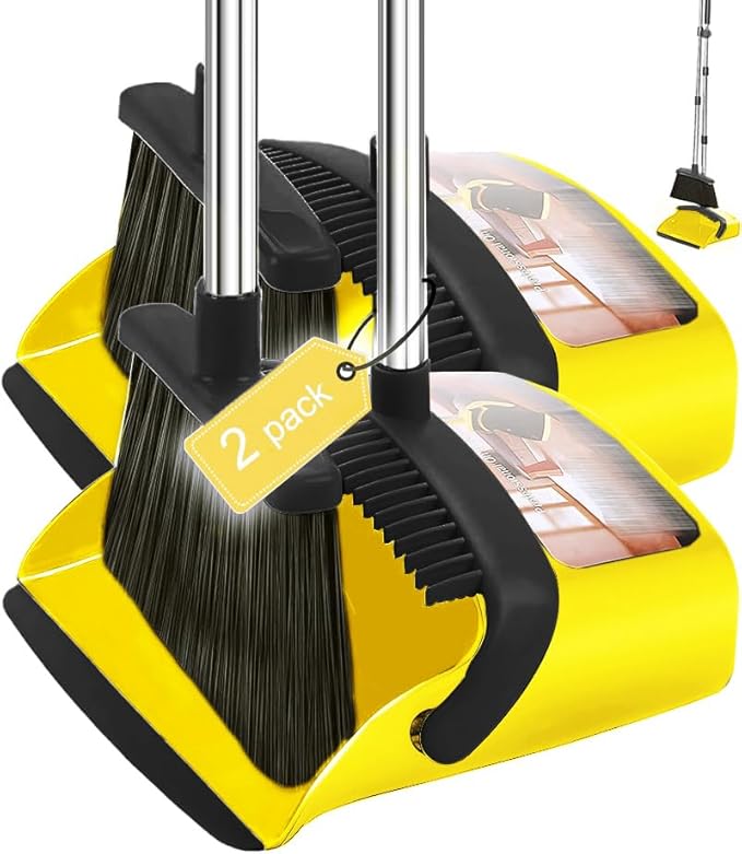 2-Pack is More economical，Brooms with Dustpan Combo Set，with 52" Long Handle, Dustpan Teeth with self-Cleaning Function, Indoor and Outdoor Sweeping, Perfect for Home Office (Large/Yellow /2-Pack)