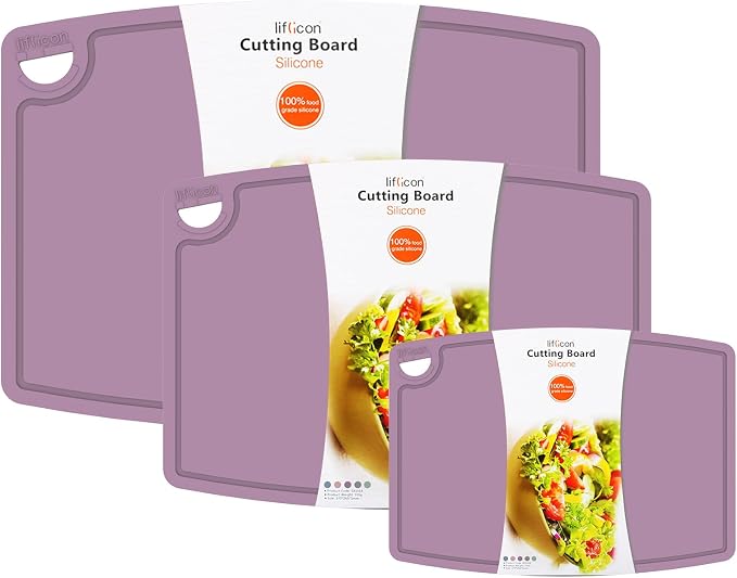 Silicone Thick Cutting Boards Mats Set of 3 Foldable & Flexible Design Juice Grooves Easy Grip Handle Dishwasher Safe for Kitchen,BPA free Silicone Cutting Board-Plum Purple