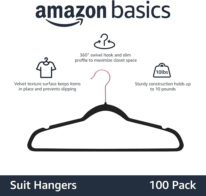 Amazon Basics Slim Velvet Non-Slip Space Saving Suit Clothes Hangers, Closet Organizer, Black/Rose Gold, 100-Pack