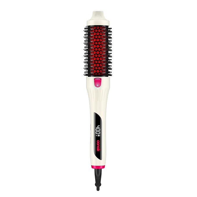 Infiniti PRO CONAIR 1.5 Inch Infrared Thermal Brush - Ionic Heated Hair Styler with 4 Heat Settings up to 400°F, Ceramic Barrel for Volume and Curls, Digital Hot Brush, White