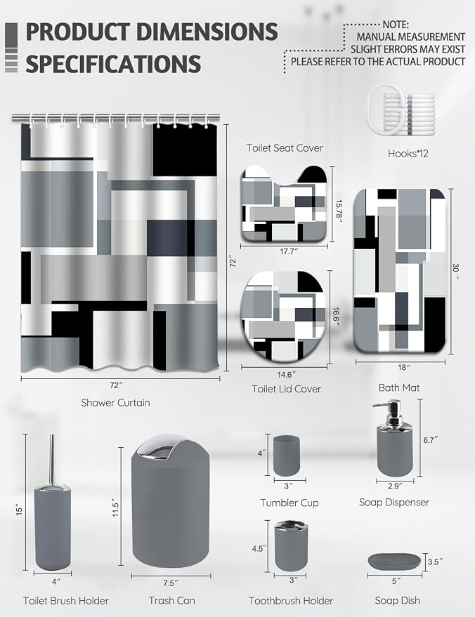 Lnond Grey Black Bathroom Set, 22-Piece Grey Black Geometry Bathroom Decor Set with with Shower Curtain and Rugs, Trash Can, Toilet Brush Holder Set & Soap Dispenser