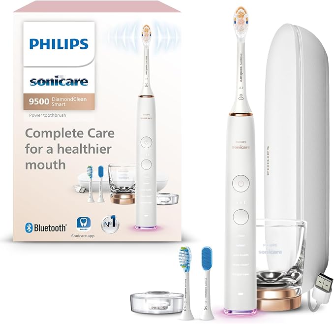 Philips Sonicare DiamondClean Smart 9500 Electric Toothbrush - Sonic Toothbrush with App, Pressure Sensor, 15 Brushing Settings, Replacement Reminder, USB Charging Travel Case, Rose Gold, HX9923/61