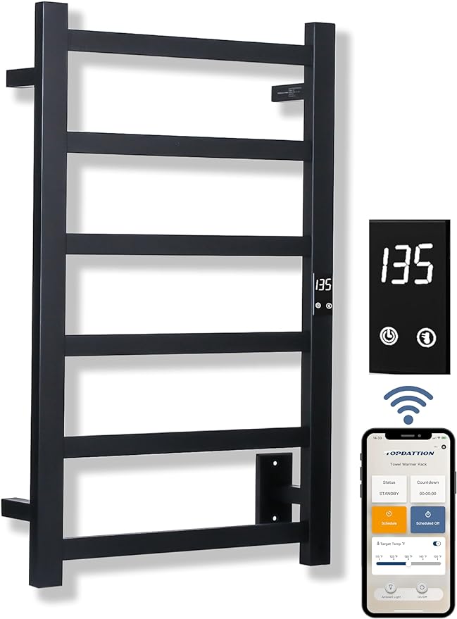 Topdattion Smart Wireless Electric Towel Warmer | Blade Thin 6 Bar Design | Hardwired & Plug-in | Alexa & Google Home Compatible | Matte Black Finish