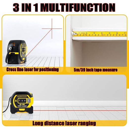 Tape Measure 3-in-1 Laser Digital Measuring Tape Ruler-LCD Backlight 5M/16Ft Tape & Laser 40m/131Ft Rangefinder,Crosshairs Markings,Data Storage,Durable ABS Case/Yellow 1Pack