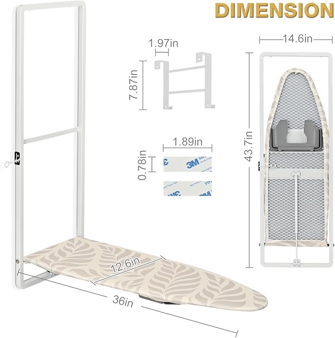 KINGBOARD Over Door Ironing Board, Hanging Ironing Board with Iron Holder, 36" X 12" Compact Fold Down Iron Board for Small Spaces, Removable Heat Resistant Cover, White