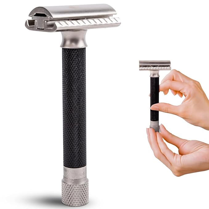 Parker THE VARIANT CLOSED COMB - ADJUSTABLE Double Edge Safety Razor, Customize your Shave with a Turn of the Dial from Mild to Aggressive - 5 Blades Included (GRAPHITE GRAY)