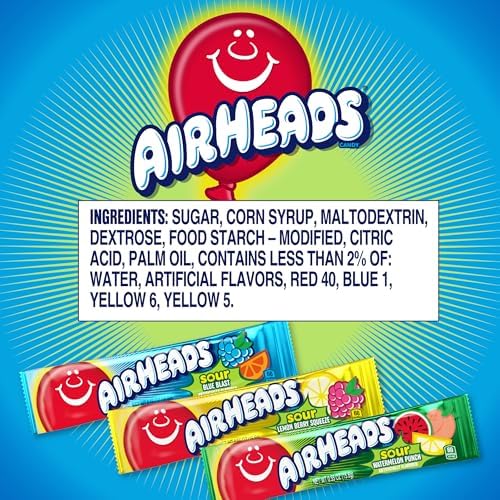 Airheads Mini SOURS Candy Bars,Sour Watermelon Punch,Blue Blast,and Lemon Berry Squeeze 12oz Variety Bag,(Pack of 2)