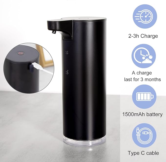 LAOPAO Automatic Soap Dispenser Foaming: Rechargeable Touchless Soap Dispenser Stainless Steel Foam Soap Dispenser for Bathroom Hand Soap Pump for Kitchen Xmas Gift, 9oz, Black
