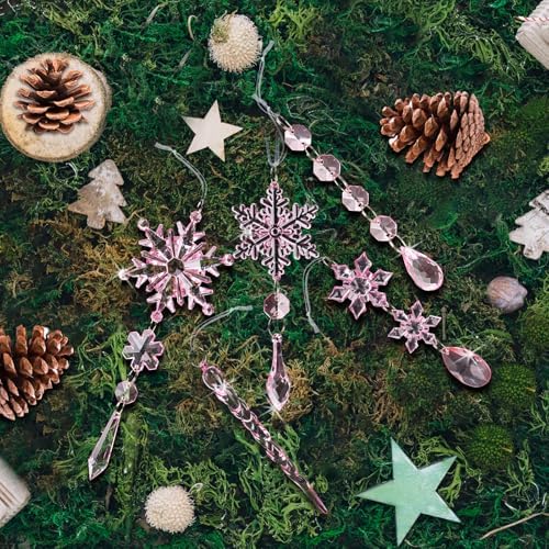 Crystal Christmas Tree Ornaments, Pink Acrylic Snowflake & Icicle, 18pcs