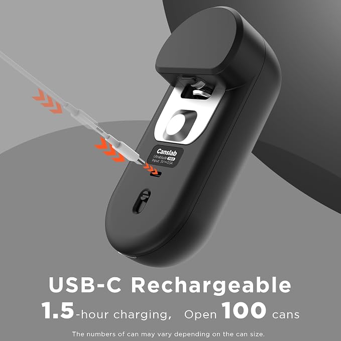 Canslab Turbo Rechargeable Electric Can Opener, LED Battery Life Display | Smart Auto Stop Can Opener for Seniors, Safe Touchable Smooth Edge, One Touch Hands-free Operation, Wall-mountable, Black