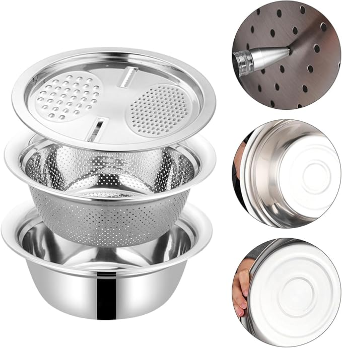 Stainless Steel Kitchen Grater with 26cm Strainer Basin, Multipurpose Vegetable Peeler Grater Set for Fruit Slicing and Salad Preparation, 3pcs Multifunctional Cutting Bowl