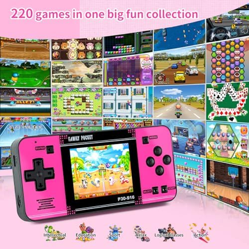 Handheld Game for Kids -Preloaded 220 Retro Video Games, Portable Gaming Player with Rechargeable Battery 3.0" LCD Screen, Mini Arcade Electronic Toy Gifts for Boys Girls (Black+Pink)
